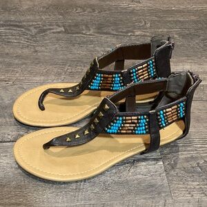 g21  T-strap thong ankle-strap beaded brown sandals boho festival beach Sz 7